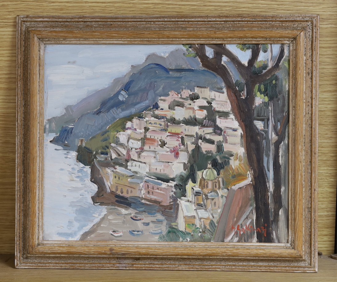 Italian School, oil on board, View of Positano, indistinctly signed, 23 x 29cm